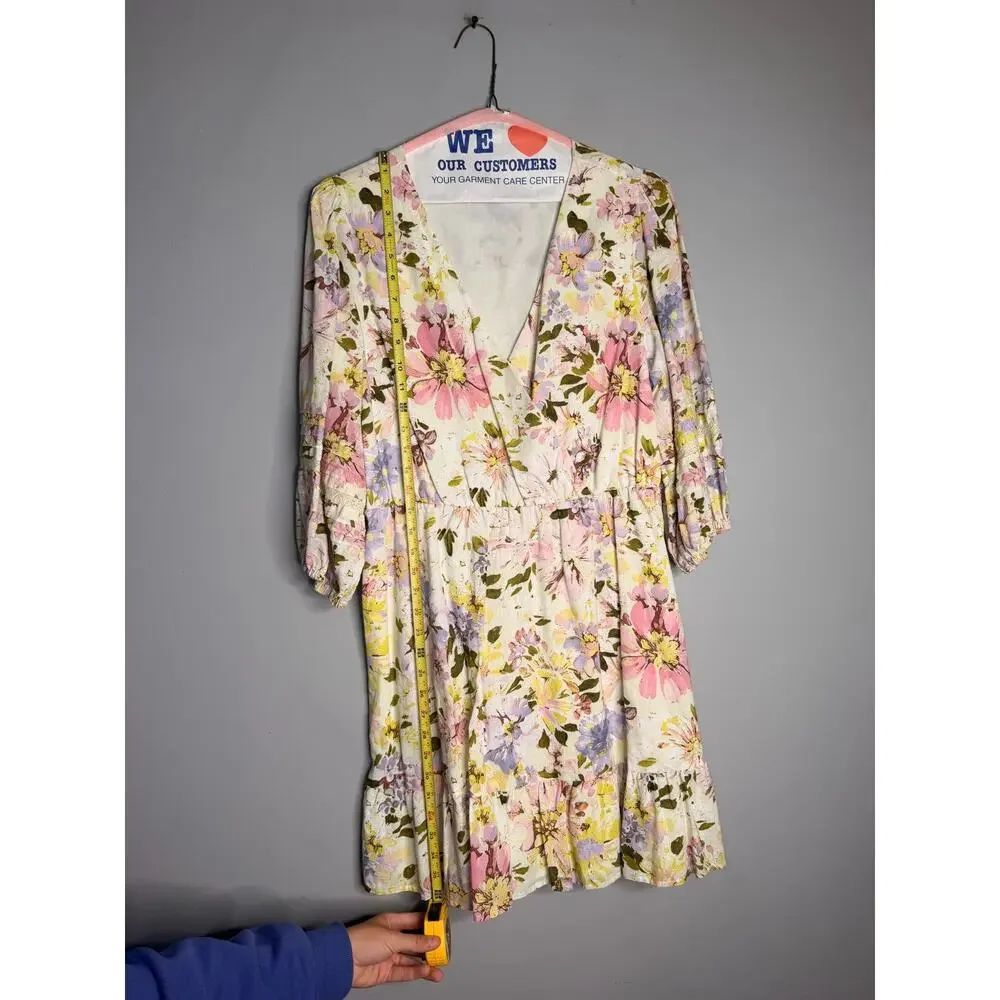 Sanctuary Floral V-Neck Long Sleeve Mini Dress Size 12 Yellow Multi
